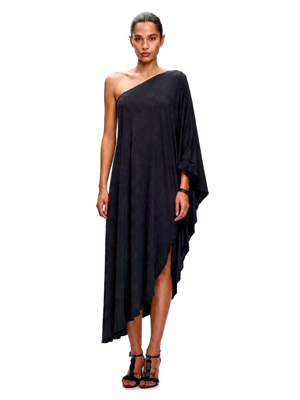 NWT L’ABEYE Draped One Shoulder Hammered Silky Textured Black Midi Dress | O/S
